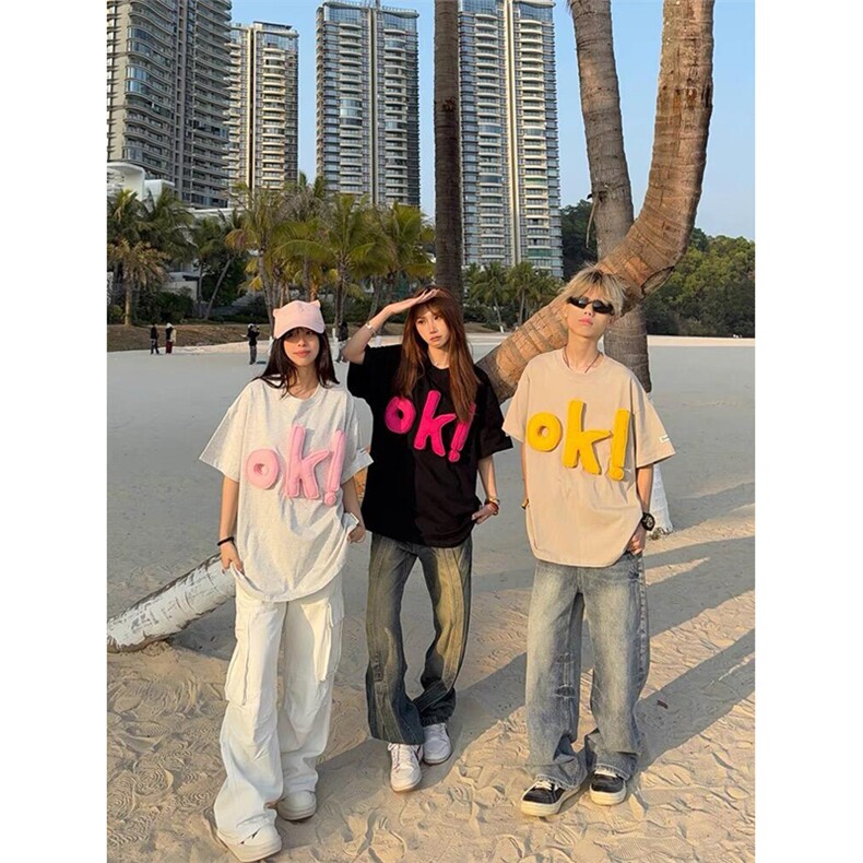 网图有货美式复古立体OK字母短袖T恤男女情侣宽松上衣A529-P38,男装T恤,星座1505