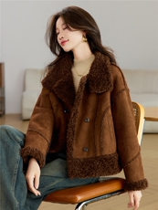 现货2025新款时尚洋气仿羊羔毛颗粒绒皮毛一体加厚保暖修身外套，女装羊羔毛/颗粒绒，木子恋