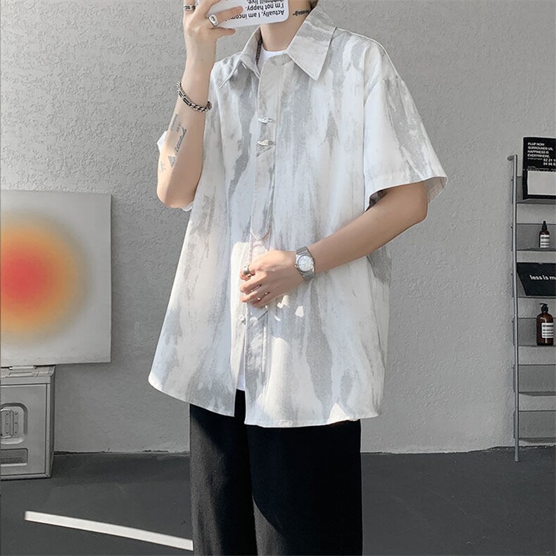 CS1142-特p35控68水墨印花短袖冰丝凉感速干潮流大码衬衫,男装T恤,电商A059
