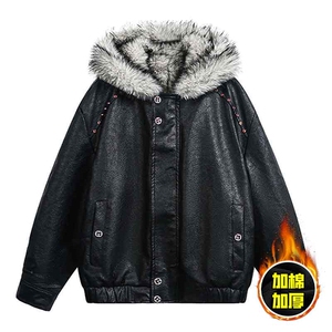 现货冬季美式潮牌痞帅PU皮机车服棉衣毛毛绒狼王座山雕皮棉服图片