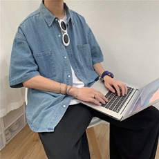港风复古牛仔衬衫夏季男款潮牌短袖衬衣宽松休闲薄外套CS055-P40，男装衬衫，星座1008