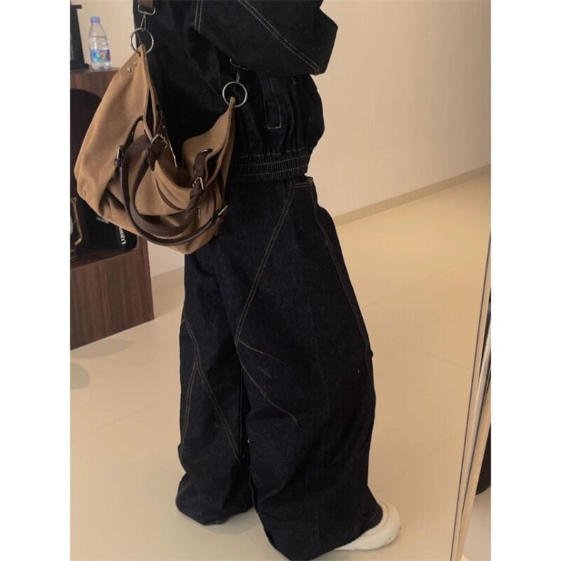 酷拽少女美式复古蓝色牛仔裤设计多排扣弯刀阔腿裤潮牌垂感拖地裤,男装牛仔裤,星座506A