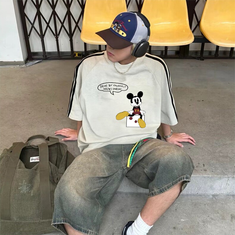 抖音得物高品质二开240克宽松纯棉美式潮牌三条杠织带短袖T恤，男装T恤，电商A486