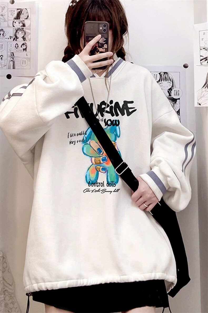 秋冬中性 韩版新款宽松情侣V领休闲加绒卫衣男女潮B608 P55控68图片