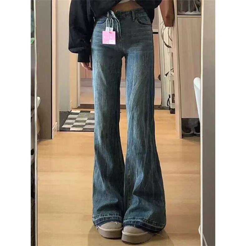 美式复古微喇叭牛仔裤女春秋新款高腰宽松显瘦百搭直筒拖地裤子潮,女装牛仔裤,星座506A