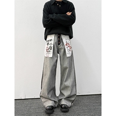 港风秋款男牛仔裤条纹涂鸦拼接宽松直筒长裤NK7067P53，男装牛仔裤，星座1013-1
