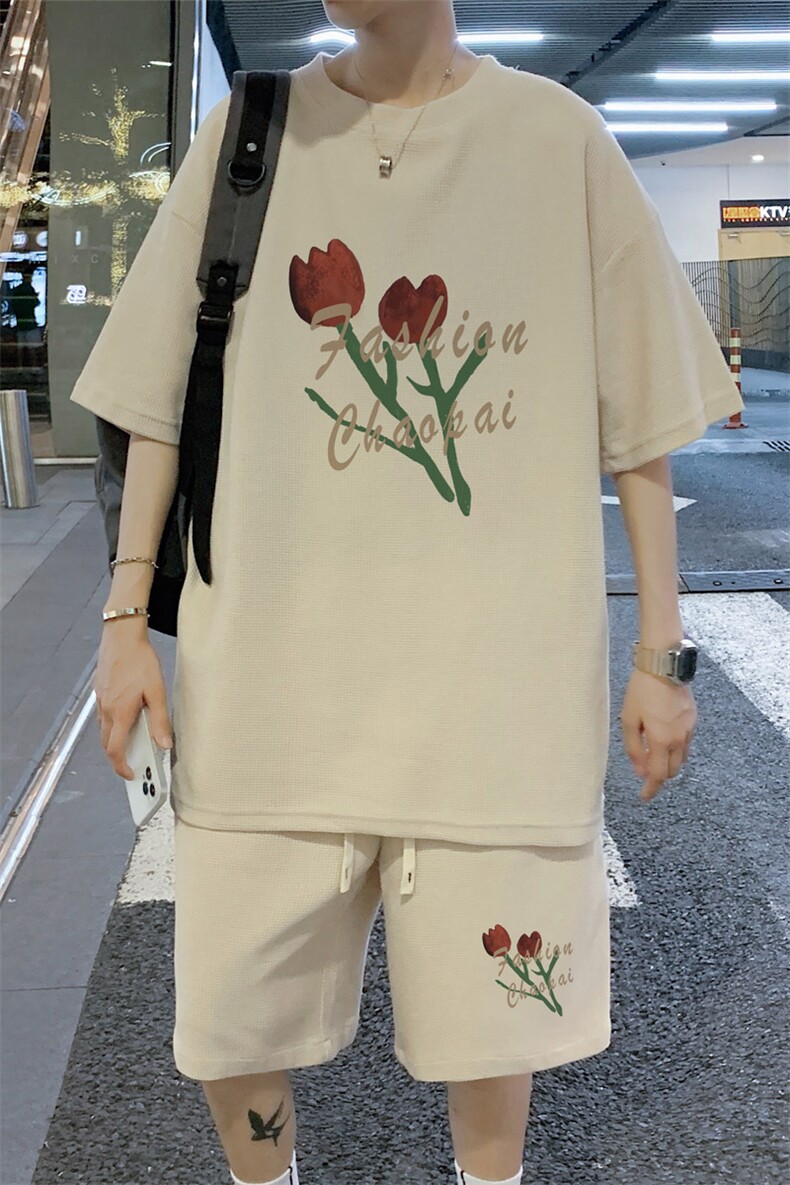！2024夏季新款潮流男士华夫格短袖套装学生一套HTZ18P50,男装T恤,电商B220