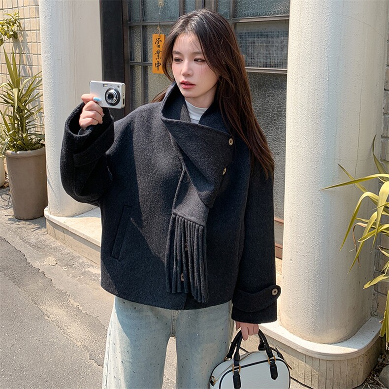 韩版保暖围脖双面羊绒呢子大衣女2025秋冬季新款显瘦短款毛呢外套,女装双面呢大衣,蝶眷