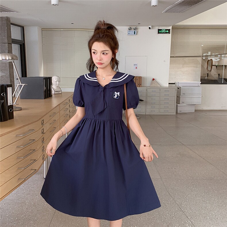 减龄学院风藏青色连衣裙女夏2025新款小个子今年流行法式绝美气质图片