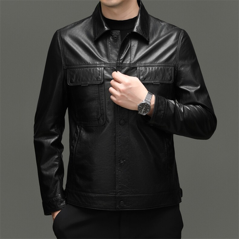 BG-W28001春秋款海宁男式头层牛皮真皮皮衣翻领修身休闲夹克图片