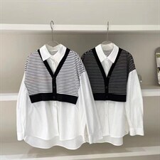 现货欧货春装新款条纹拼接衬衫，女装衬衫，AT(2F)