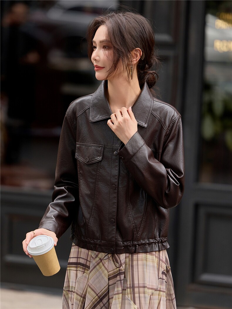 【大量现货】2026秋季女装新款时尚方领小个子高级感短款皮衣外套,女装皮衣,缘衣格