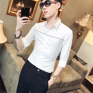 19春夏新款潮流男修身刺绣衬衫夜店发型七分袖衬衣社会风D454图片