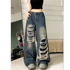 美式高街小众水洗做旧破洞牛仔裤女秋季男女同款宽松休闲阔腿裤潮，女装牛仔裤，星座506A