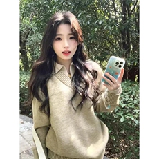 重磅北极绒假两件衬衫领毛衣美式高街复古休闲慵懒纯色翻领针织衫，男装针织衫/毛衣，电商A486