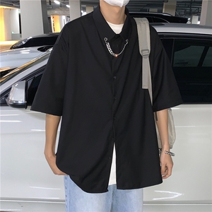 港风大码短袖纯色衬衫青年男生ins宽松情侣衫B299-X5275-P45限65图片
