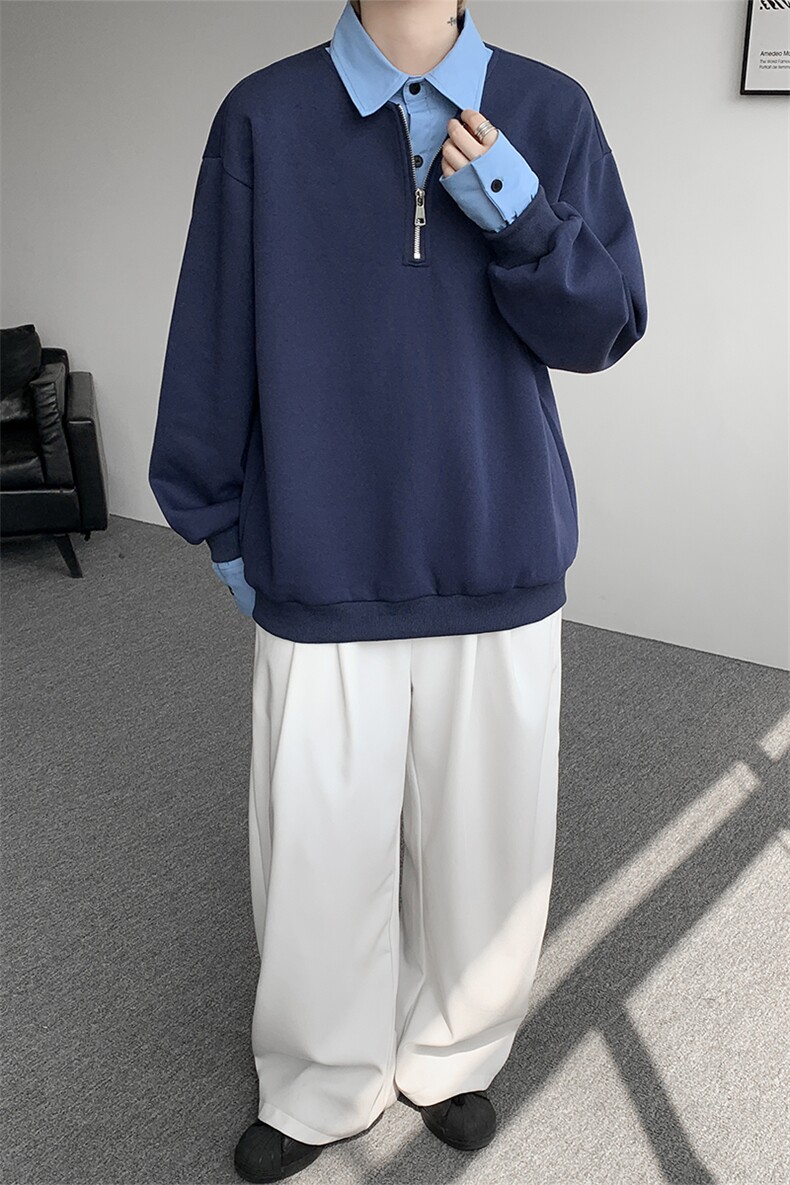 新款假两件条纹拉链衬衫领休闲春款卫衣高街休闲学院卫衣特P50,男装卫衣,电商B319