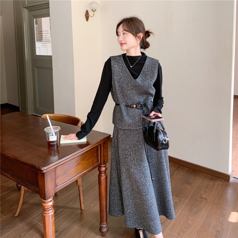 2026春季新款三件套磨毛背心裙串皮带修身显瘦连衣裙高端打底裙子，女装套装/套裙，艾米莉亚