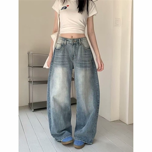 美式高街竹节纹水洗做旧弯刀牛仔裤女夏季辣妹宽松显瘦阔腿拖地裤图片