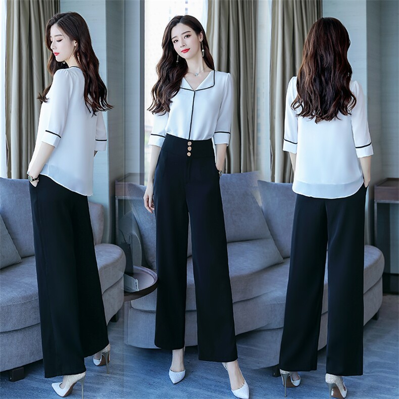 高级美容院工作服女职业气质休闲套装薄款阔腿裤白衬衫上衣黑裤子，女装套装/套裙，海爱依仁