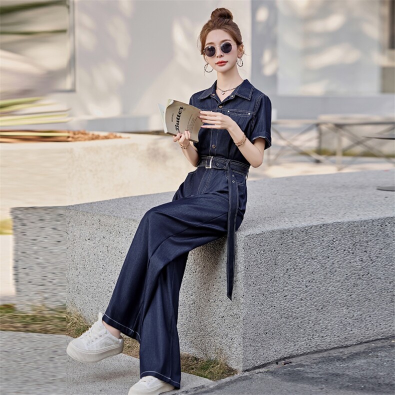 （新款现货）2026夏时尚显瘦减龄天丝牛仔连体阔腿裤女（配腰带）,女装连体裤,印象茜