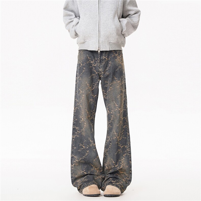 B221美式ins高街提花宽松微喇牛仔裤LK24225-特P48控78，男装牛仔裤，电商B221