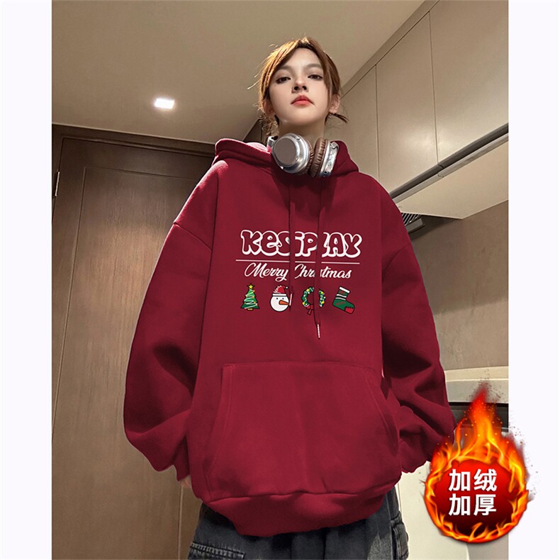 圣诞卫衣加绒 DT5350-TP55控价78 冬季情侣款印花红色连帽卫衣女图片