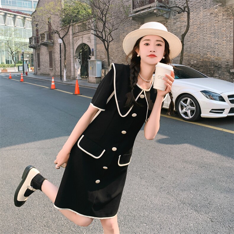 26新款小香撞色包边娃娃领连衣裙女夏气质显瘦182-8372P125K188,女装连衣裙,帛香坊