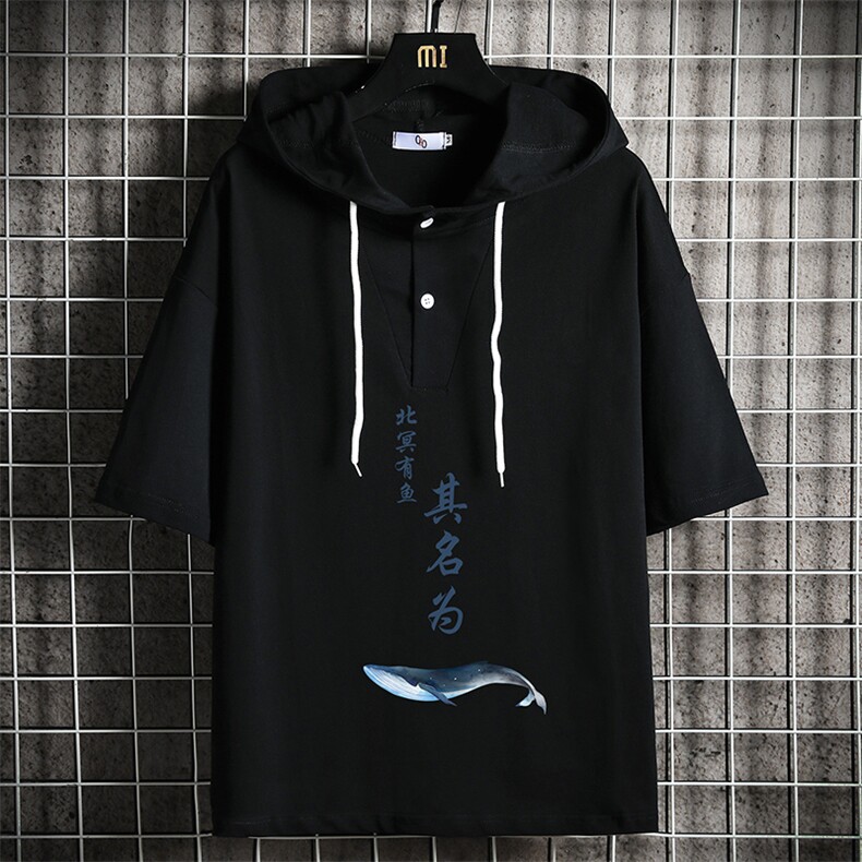 LD54261-P45NASA连帽短袖t恤男大码胖子带帽五分袖中袖网格,男装T恤,电商A040A