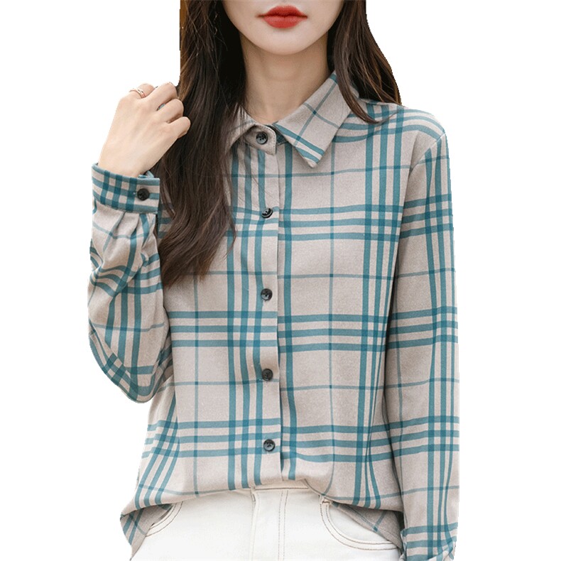 时尚复古格子衬衫女长袖修身显瘦百搭德绒衬衣,女装衬衫,佳绒包芯纱店