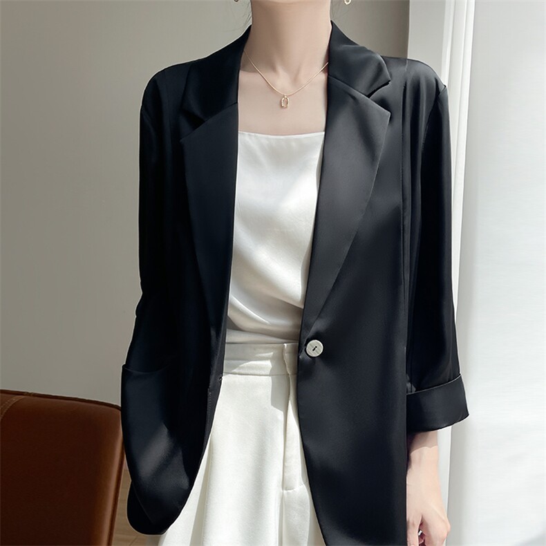 2025春夏新款纯色醋酸缎面一粒扣宽松西服女气质薄款七分袖百搭,女装短外套,暖习羊绒