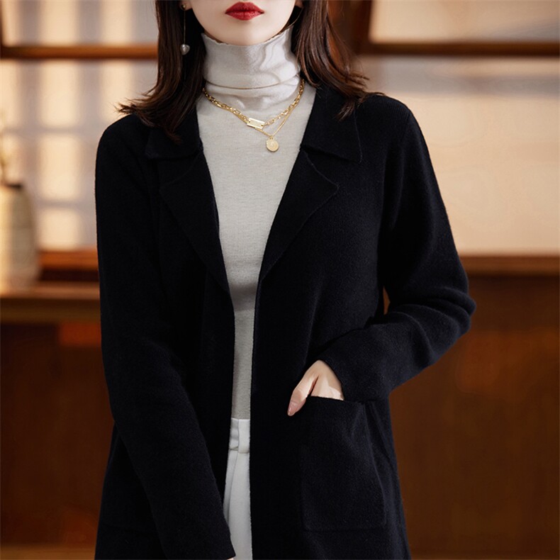 2024秋冬爆款时尚洋气中长款羊绒开衫女翻领毛衣宽松羊毛针织外套,女装羊毛衫,蒙莲贝斯