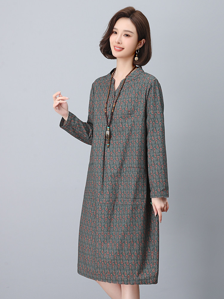 小个子棉麻直筒连衣裙春装大码妈妈中老年裙子宽松遮肚子气质短裙,女装连衣裙,依恋蒂丝