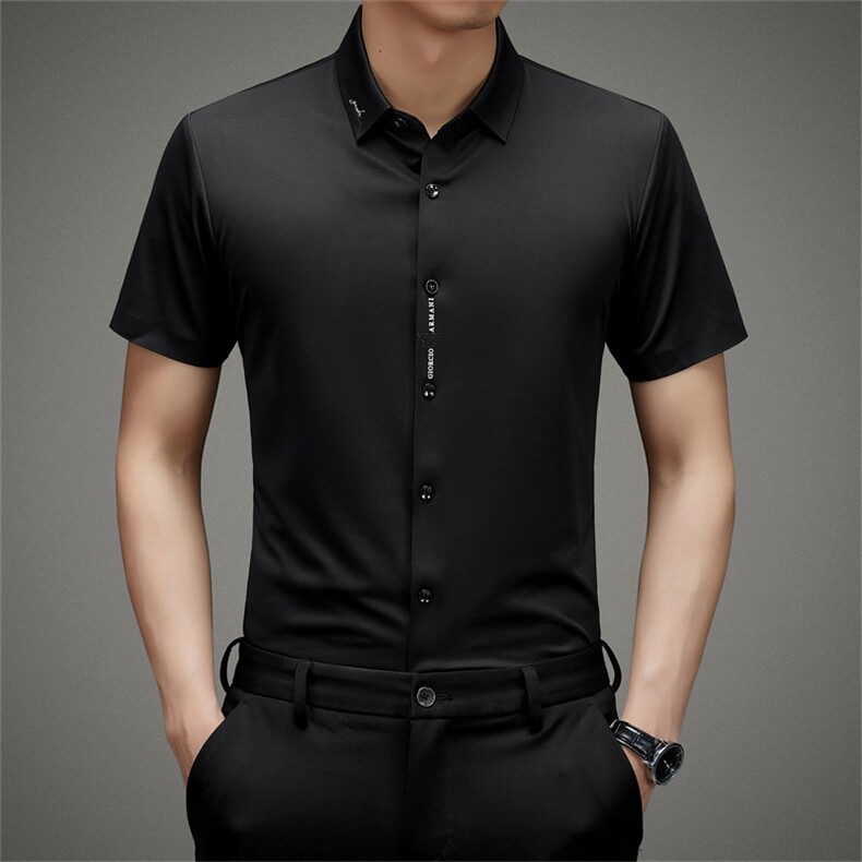 无痕短袖衬衫男翻了纯色上衣服夏季新款中年男士商务休闲宽松衬衣,男装衬衫,电商B212（原钱塘6029）