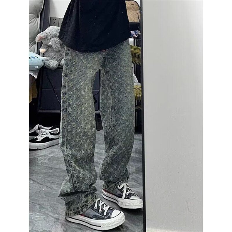 提花满印牛仔裤男潮牌设计感直筒裤美式高街微喇裤子N699-P45图片