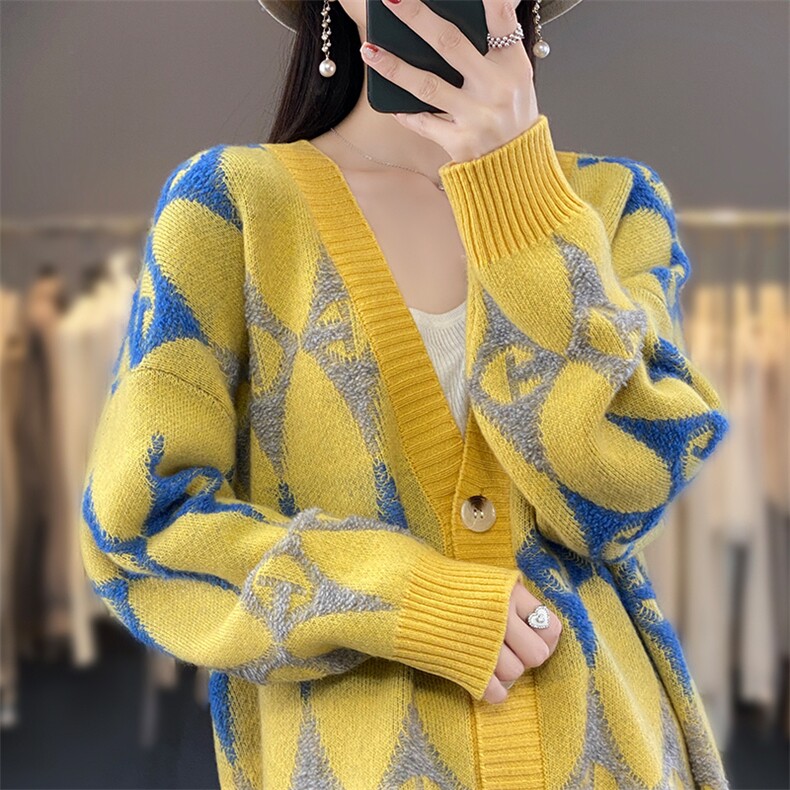 秋冬100%纯羊毛开衫女V领中长款宽松复古提花撞色羊绒针织衫外套,女装羊毛衫,优麦羊绒（原洪叶羊绒）