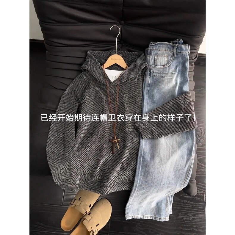 W10965-P48 网图现货 雪尼尔斜条纹连帽卫衣重磅硬挺宽松帽衫图片