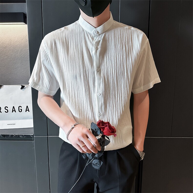 夏季男士七分袖条纹衬衫立领男休闲修身休闲衬衣A236-C663-P55,男装衬衫,电商A236