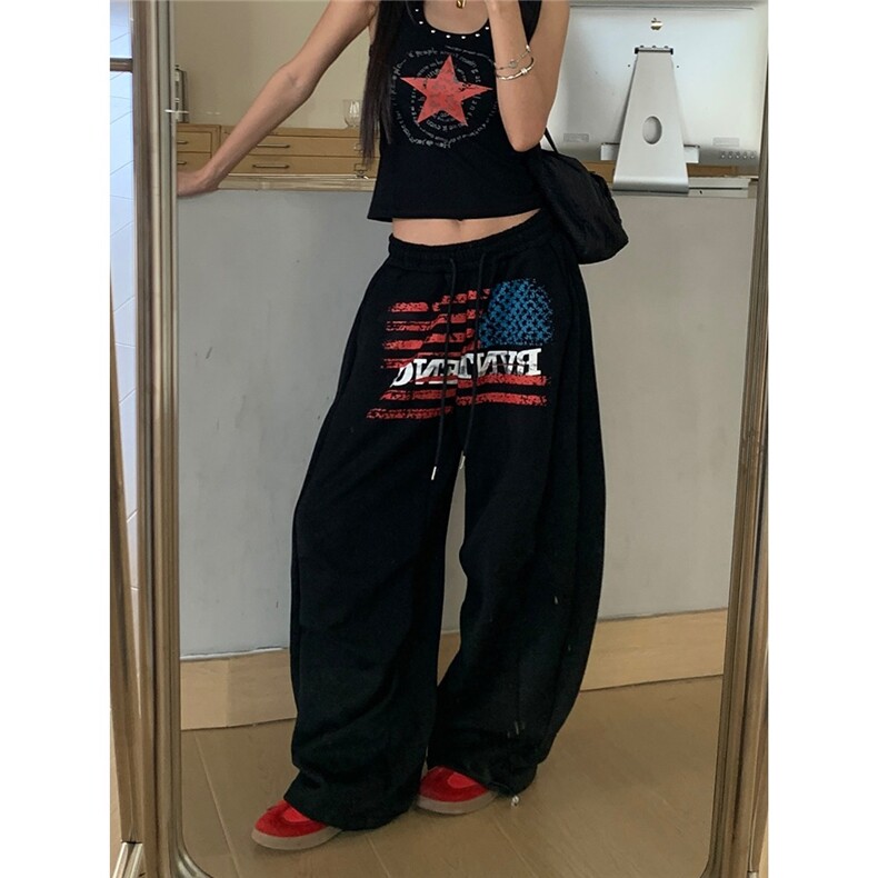 美式复古字母印花运动卫裤男女慵懒风阔腿休闲长裤,女装休闲裤,星座1210-1