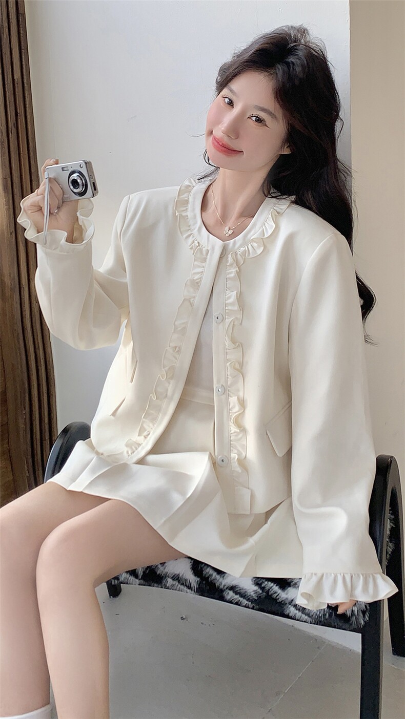 现货新款木耳边西装外套百褶裙裤两件套25016P165K238,女装套装/套裙,2D035