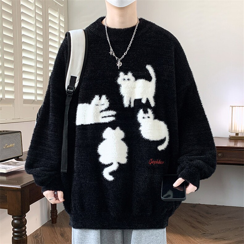 网图M9088-特P50秋冬款喵咪圆领青少年休闲毛衣针织衫外套,男装针织衫/毛衣,电商D310B