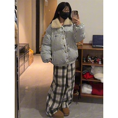 韩版复古条纹翻领棉服外套女学生冬季美式加厚简约保暖面包服棉衣，男装棉衣，星座506A
