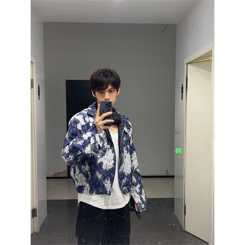 自家图，博主风cleanfit外套男蓝色扎染美式垫肩夹克JK2412-P80图片