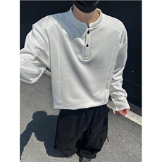 抖音得物品质美式高街重磅曼巴棉拼接cleanfit亨利领卫衣长袖T恤，男装T恤，电商A486