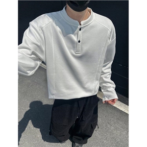 抖音得物品质美式高街重磅曼巴棉拼接cleanfit亨利领卫衣长袖T恤图片