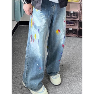 DB26-P55美式涂鸦牛仔裤男女直筒宽松阔腿休闲拖地长裤-网图现货图片