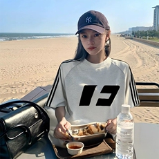 抖音得物品质二开240克宽松纯棉美式潮牌印花三条杠中性风短袖T恤，男装T恤，电商A486-1