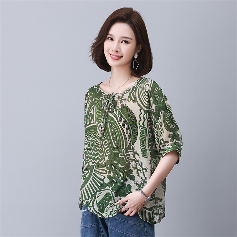 时尚宽松印花系绳短袖上衣舒适百搭显瘦女装衬衫,女装衬衫,叶笙衣