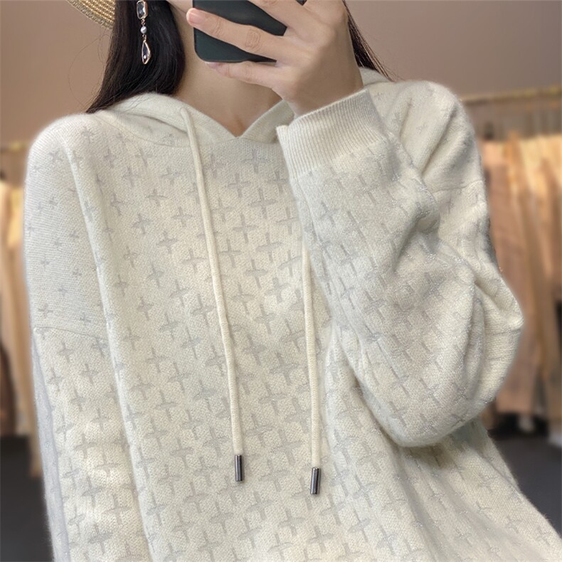双面提花加厚帽衫羊毛2024年秋季,女装羊毛衫,唯若美羊绒