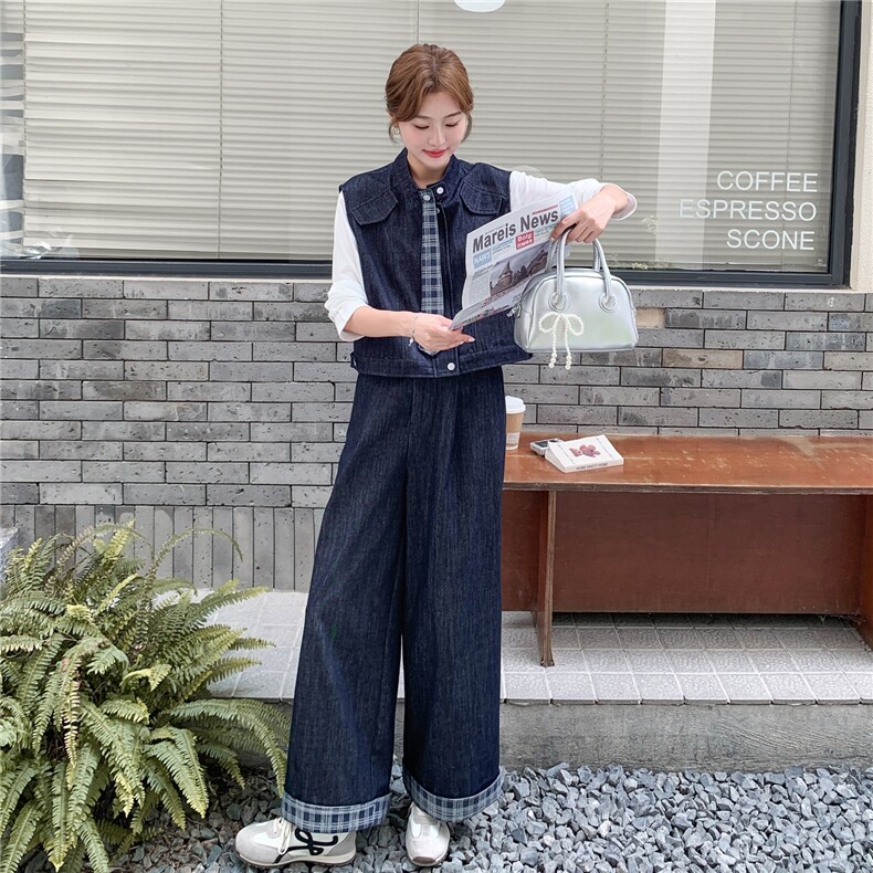 秋季牛仔阔腿裤马甲时尚两件套女,女装套装/套裙,秋水欣儿